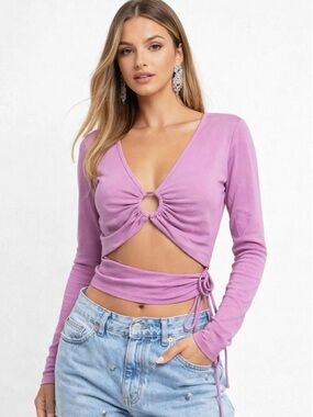 Zara Lavender Long-Sleeve Ring-Front Wrap Crop Top NWT M